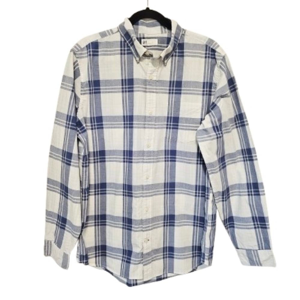 Gap White and Blue Checkered Standard Fit Button Down Shirt Mens Size Large